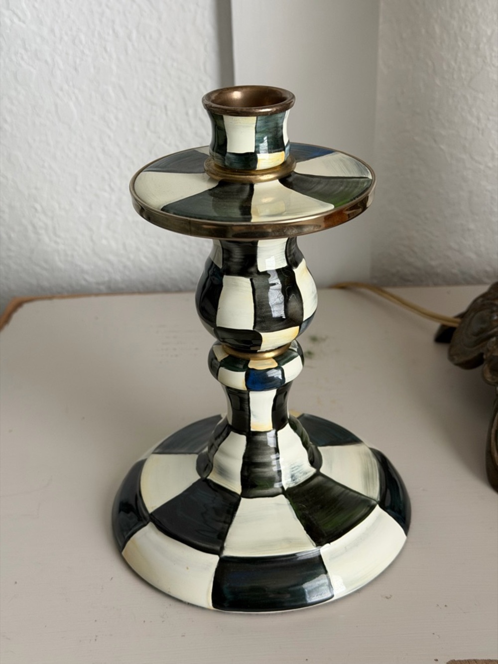 Mackenzie Childs Enamel Candlesticks Courtly Check Black and White 8 inches - Picture 5 of 6